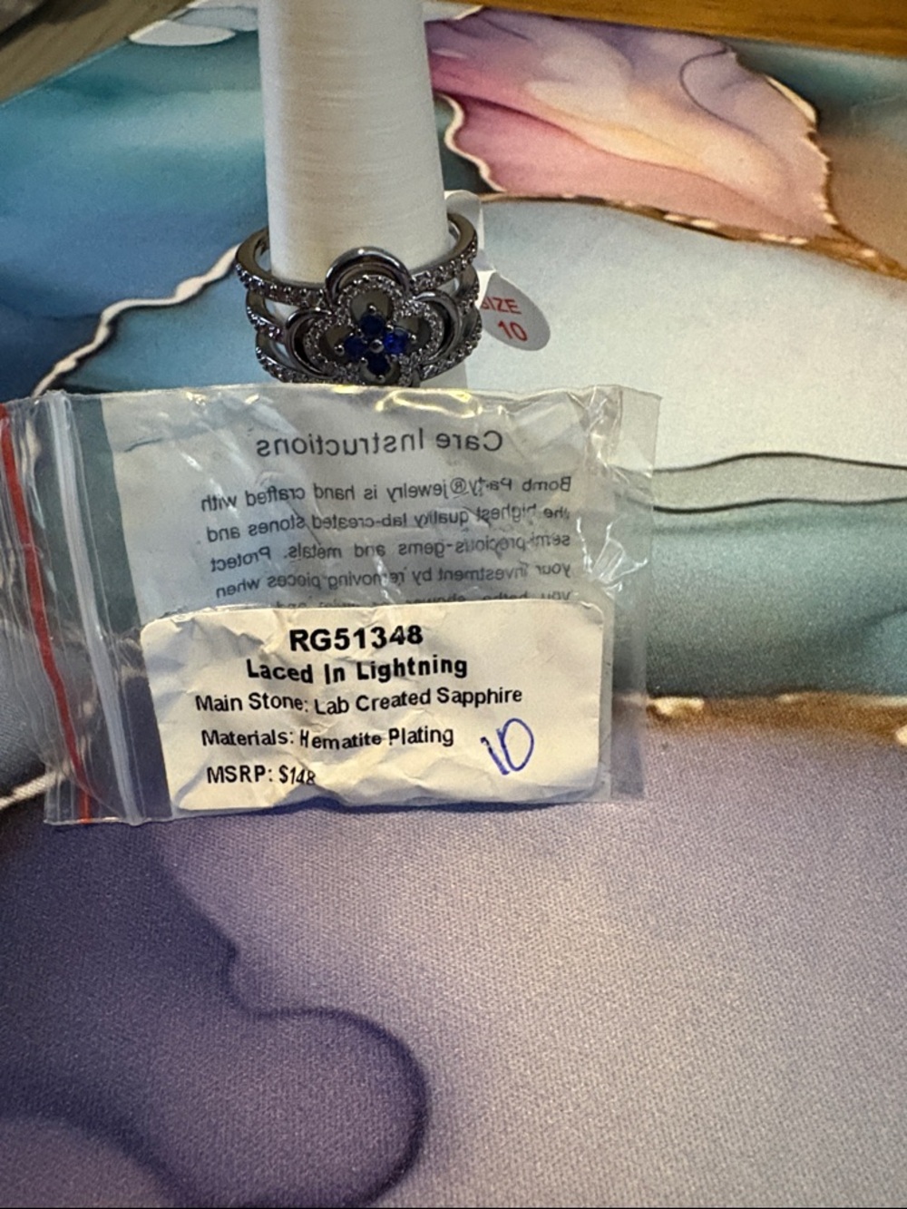 Laced In Lightning Blue Sapphire Floral Ring - Size 10 - Picture 5 of 5